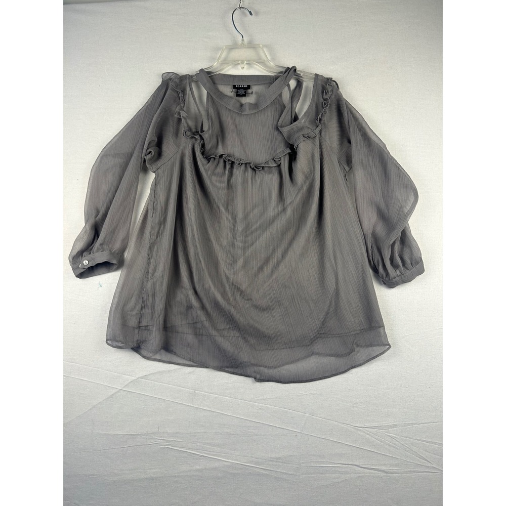Torrid Grey Cold Shoulder Ruffle Chiffon Blouse Plus Size 2 Strappy Neck Long Sl